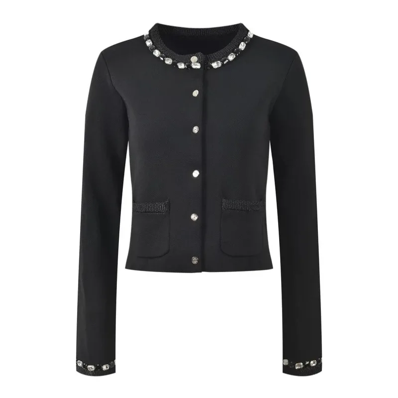Elegant Vintage Crew Neck Nail Diamond Solid Color Fashion Knitted Jacket Dress Set