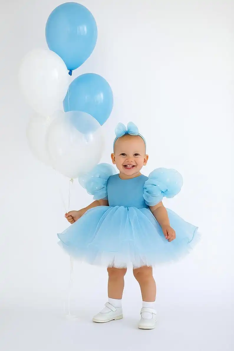 Handmade Blue Organza Baby Dress , Puffy Crystal Sleeve Birthday Outfit , Custom Baby Girl Princess