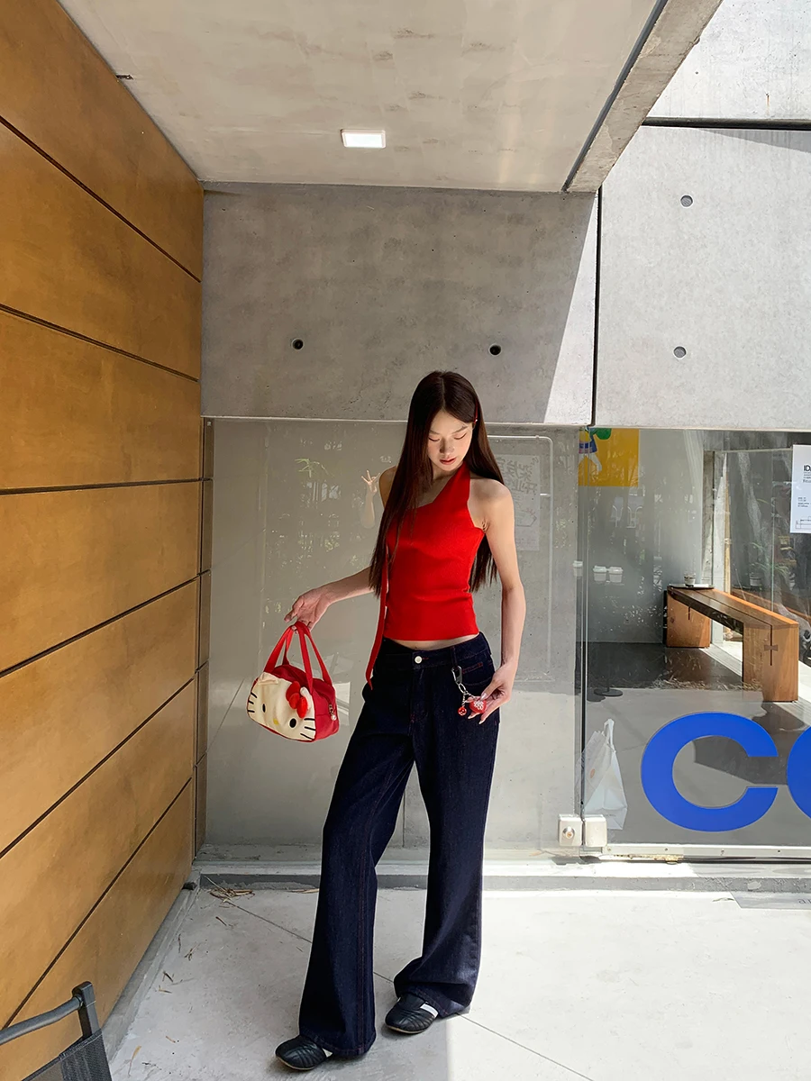 

Low Waist Bell Bot Denim Jeans Women's Summer 2025 New American Sle Loose Wide Leg Deep Blue Retro Pants