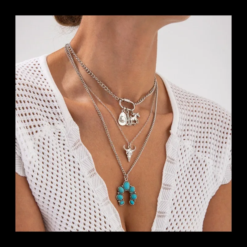 الرياح قبعة رعاة البقر سبيكة قلادة قلادة، خمر قلادة الترقوة الفيروز