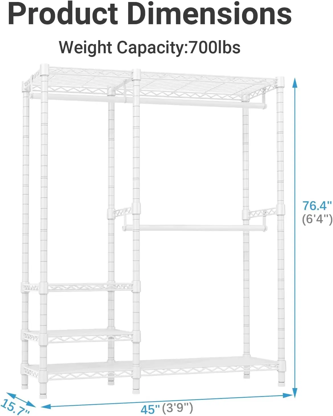 V2i 휴대용 의류 랙, 4개의 선반과 2개의 막대 포함, 고강도 금속 옷걸이, 최대 하중 700파운드