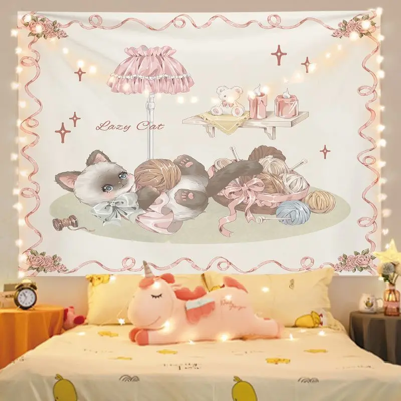 VIKAMA Pink Wave Dot Lace Princess Tapestry, Bow Bear Rabbit Dress Cartoon Warm Wall Art for Bedroom Living Room Decor