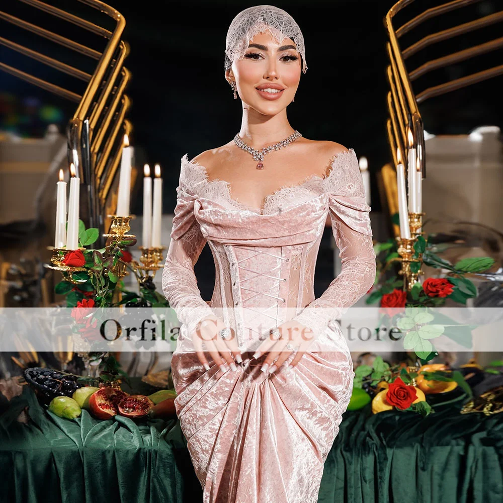 Pink Off Shoulder Evening Dress For Nigerian Girls Exquisite Lace Velvet Mermaid Prom Dresses Customized 2025