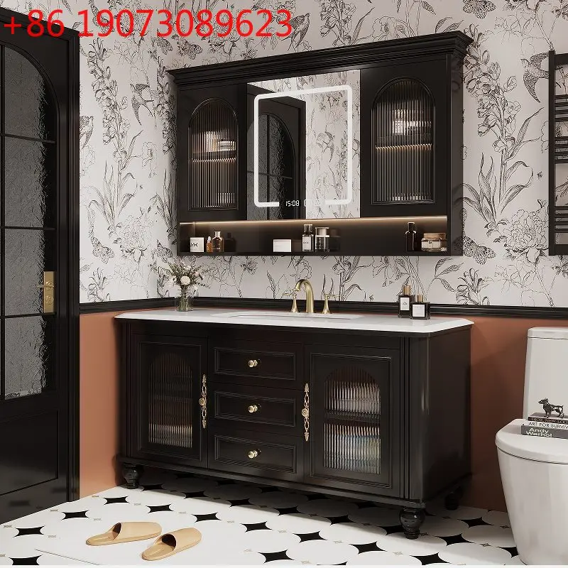 

Oak solid wood bathroom cabinet toilet washstand floor type light luxury washbasin cabinet mirror cabinet