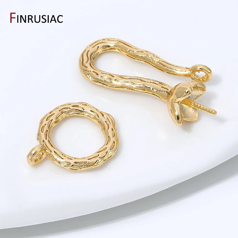 14K Gold Plated Brass Textured Round Hook Clasps Connector With Pearl Mounting,End Clasps For DIY Jewelry Making Accessories