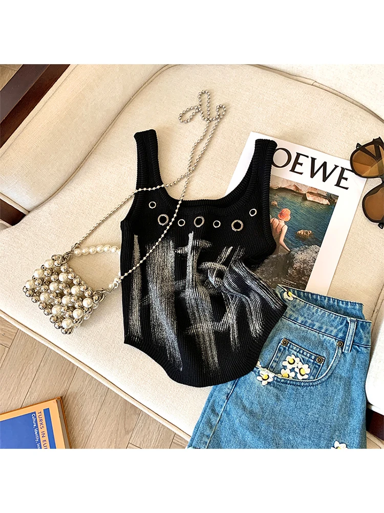 Summer Women Dark Academia Knit Tank Top Japanese Y2k Fashion Crop Tops Coquette Vest 2000s Gyaru Hot Sexy Stretch Grunge Punk