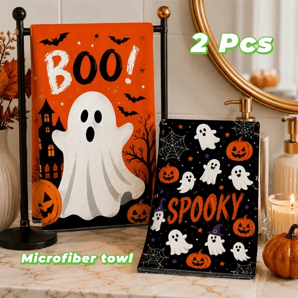 2PCS Ultra-Fine Fiber Halloween Kitchen Towel Ghost Pumpkin Pattern Absorbent Hand Towel Soft Colorful Printed Kitchen Dishcloth