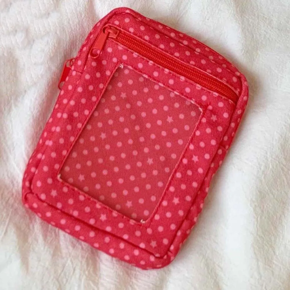 Red Polka Dot Coin Purse Zippered Canvas Fabric Clear Window Pouch Washable Lightweight Photocard Holder Students