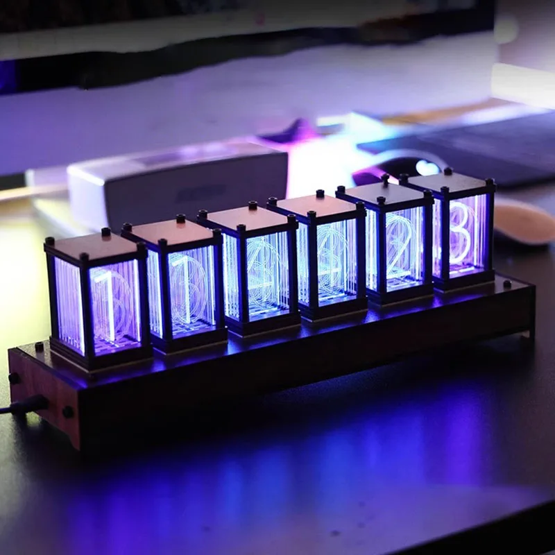 Wood RGB Glow Tube Clock Vintage Led Digital Desk Glow Tube Clocks Creative Digital Table Discharge Clock Desk Watch Cyberpunk