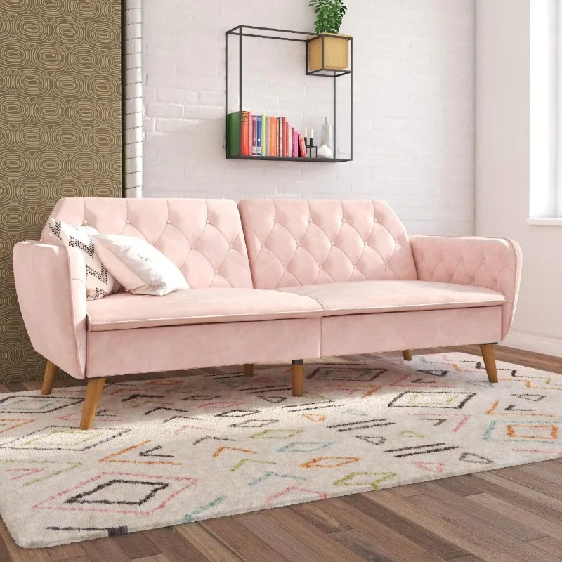 Tallulah Memory Foam Futon, Convertible Couch, Pink Velvet