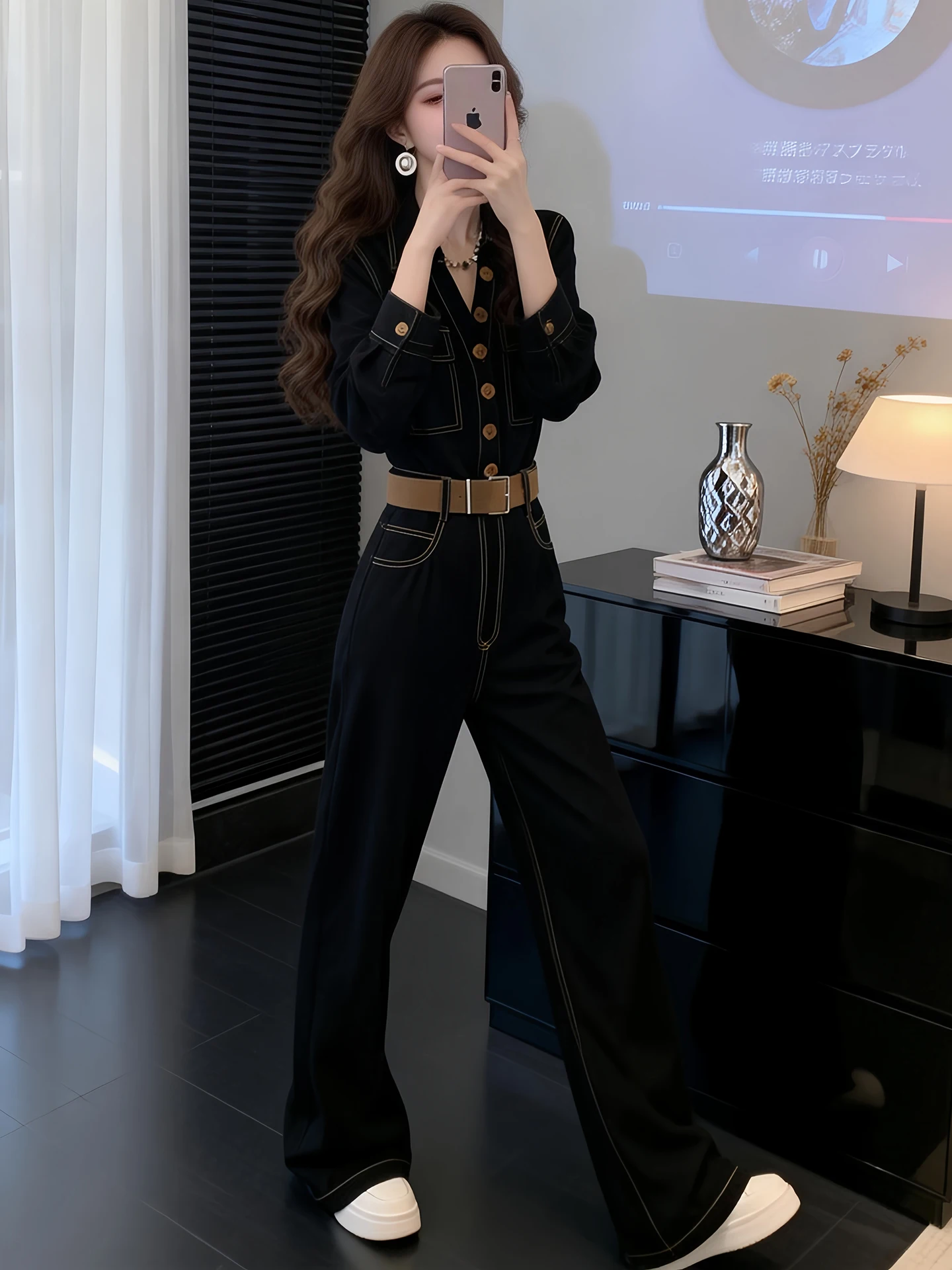 

Весенне-осенний женский комбинезон с широкими штанинами и длинными рукавами, рабочий стиль, высокая талия, удобный крой, повседневные брюки