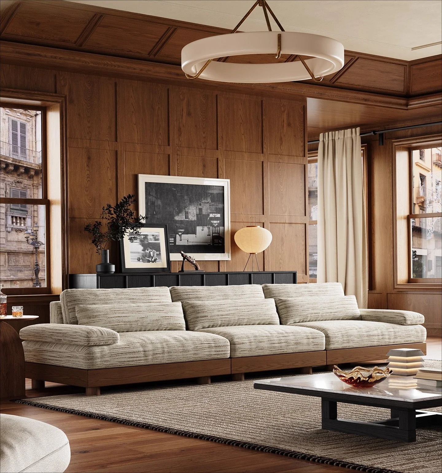 

Большой апартаментный диван прямой формы, в стиле лёгкой роскоши, премиум-класса, для горизонтальной гостиной, со съёмными и моющимися тканевыми чехлами.