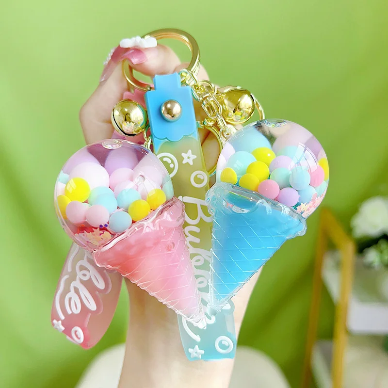 Creative Acrylic Ice Cream Quicksand Oil Floating Snowflake Ball Key Chain Cute Couple Bag Pendant Keyfob