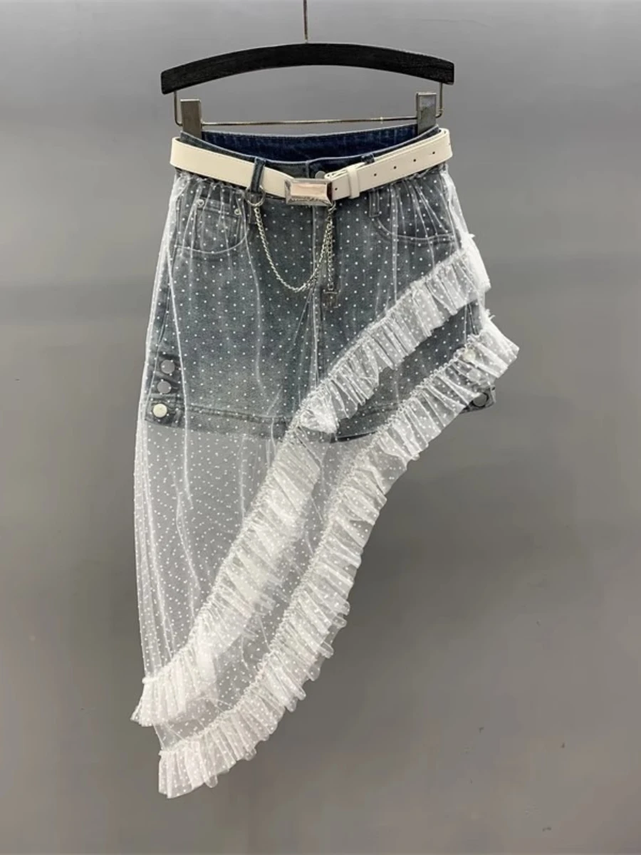 GALCAUR Solid Spliced Mesh Hot Girl Skirt Female High Waist Slimming Irregular Streetwear Women's Skirts Autumn Fashion Style: Spódnica GALCAUR z siateczki, łączona, w stylu hot girl, damska, z wysokim stanem, wyszczuplająca, asymetryczna, streetwearowa, spódnice damskie, jesienna moda.