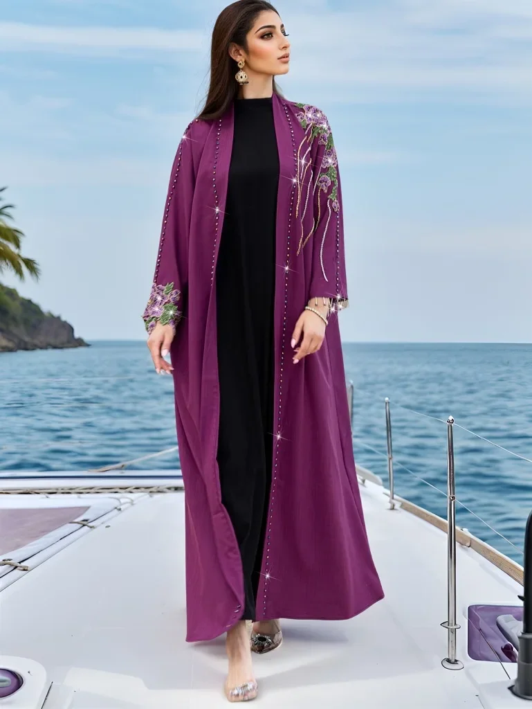 

Middle East Turkey Kaftan Women Muslim Dress Beads Embroidery Kimono Cardigan Eid Djellaba Ramadan Islam Clothing Kebaya Caftan
