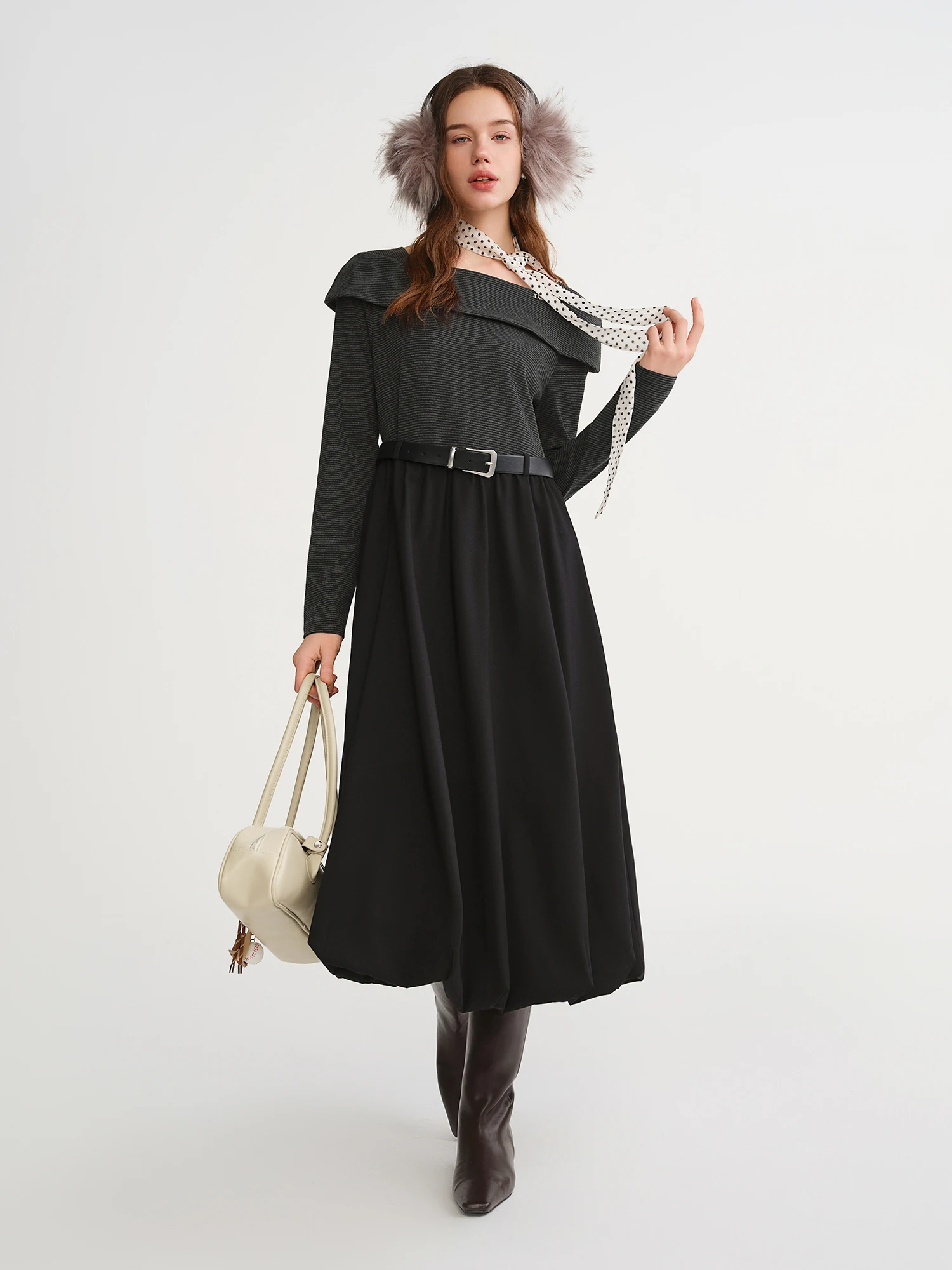 DUSHU Women's Plus Size Autumn And Winter Contrast Color Fake Two-piece Dress 2025 Winter Wear Large Swing Mid-length Dress