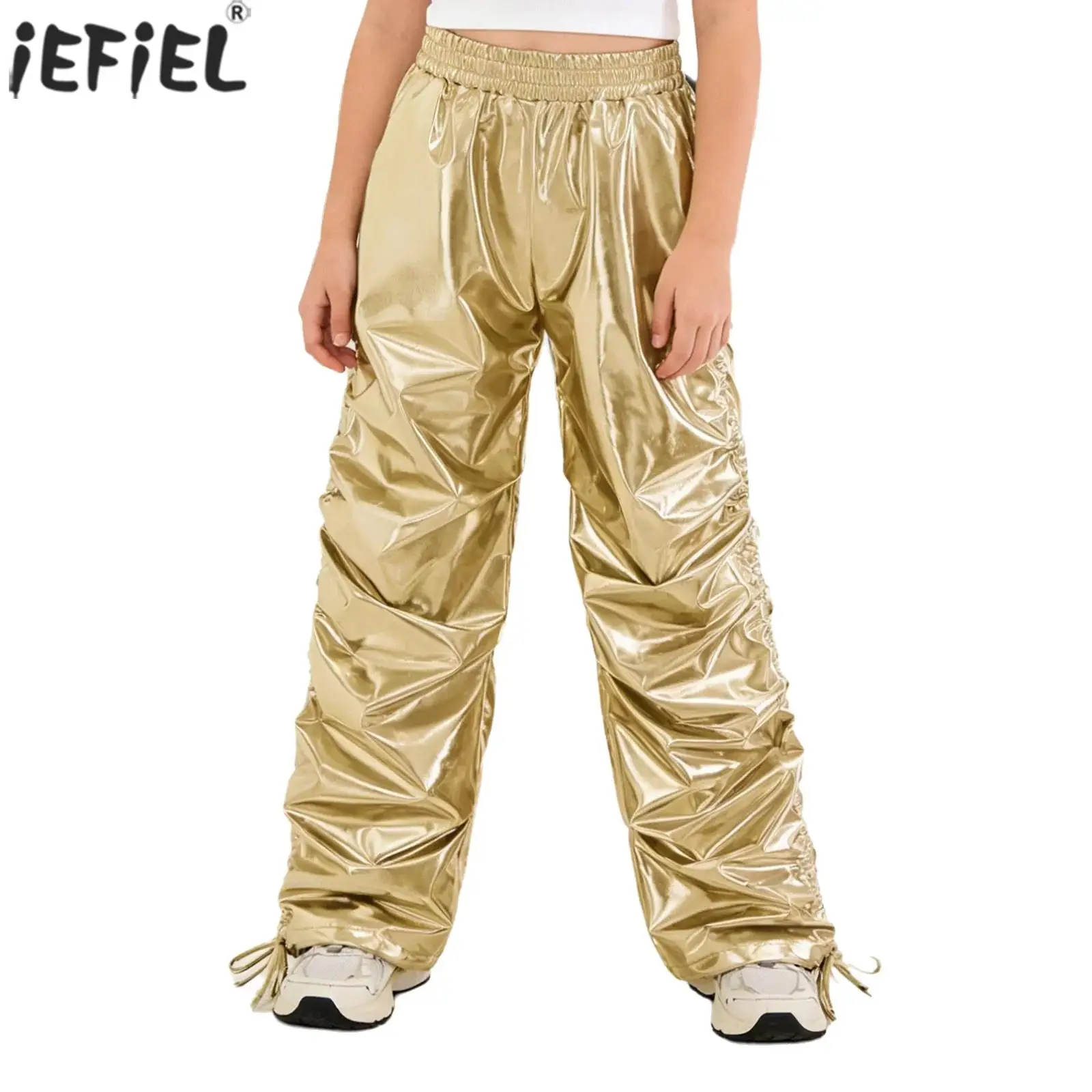 

Kids Boys Girls Hip-hop Jazz Dance Metallic Pants Elastic Waistband Ruched Straight-leg Trousers with Pockets Stage Streetwear