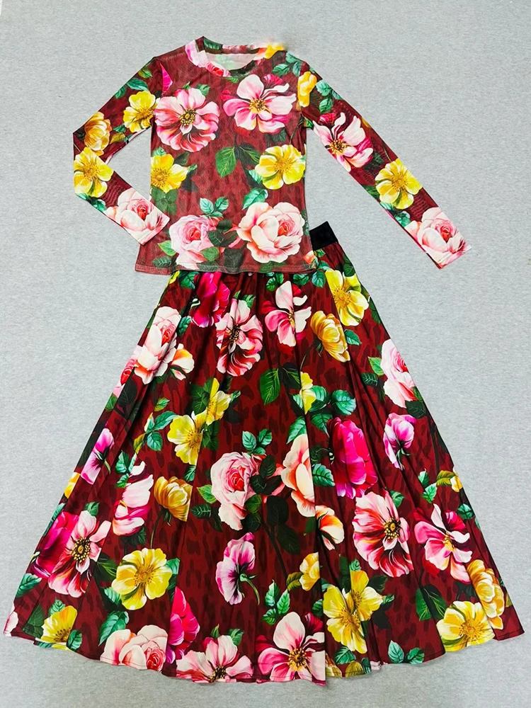 Conjunto de duas peças de camiseta de malha de malha estampada retrô do designer para roupas femininas de outono 2025 + cintura elástica saia solta conjunto de moda