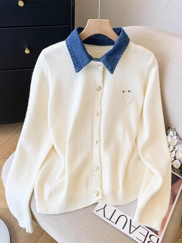 

Корейский вязаный кардиган с джинсовым воротником и декоративными вставками, длинный рукав, осенне-зимний, свободный крой, стройнящий силуэт, для женщин