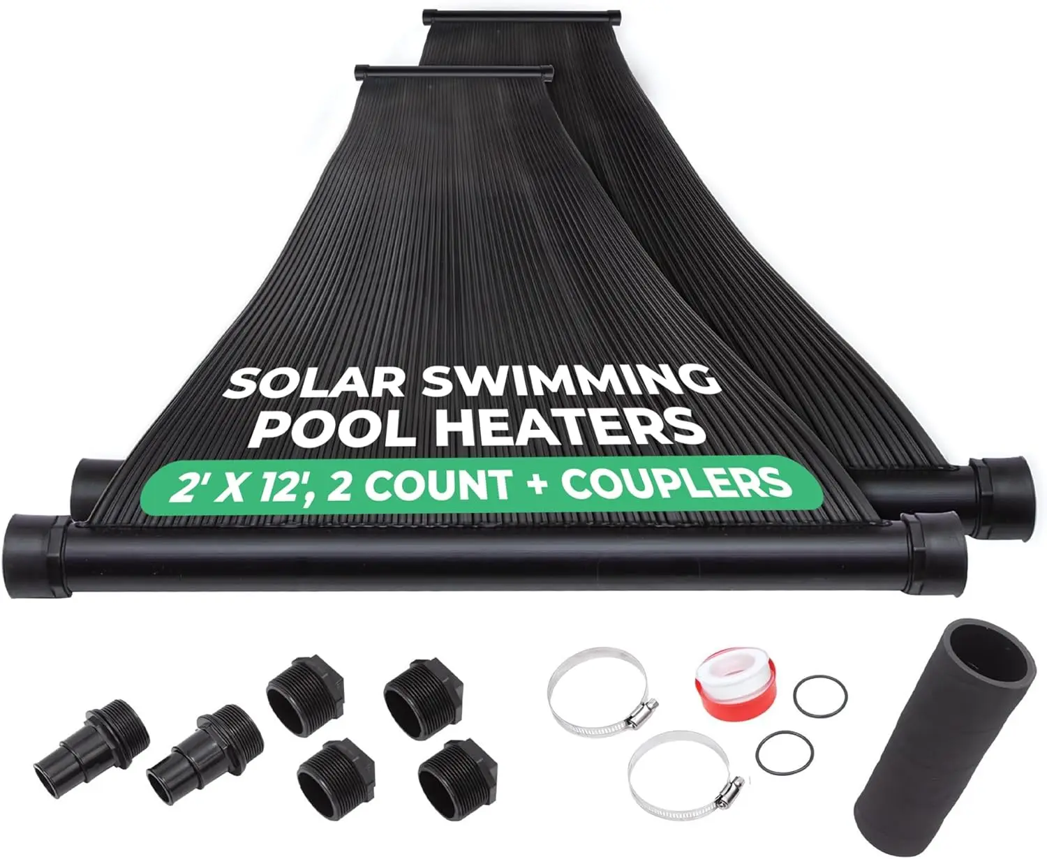 Solar Swimming Pool Heaters (2' x 12', 2 Count + Couplers) - Two Solar Hot Water Heater Panels - with Max-Flow Design