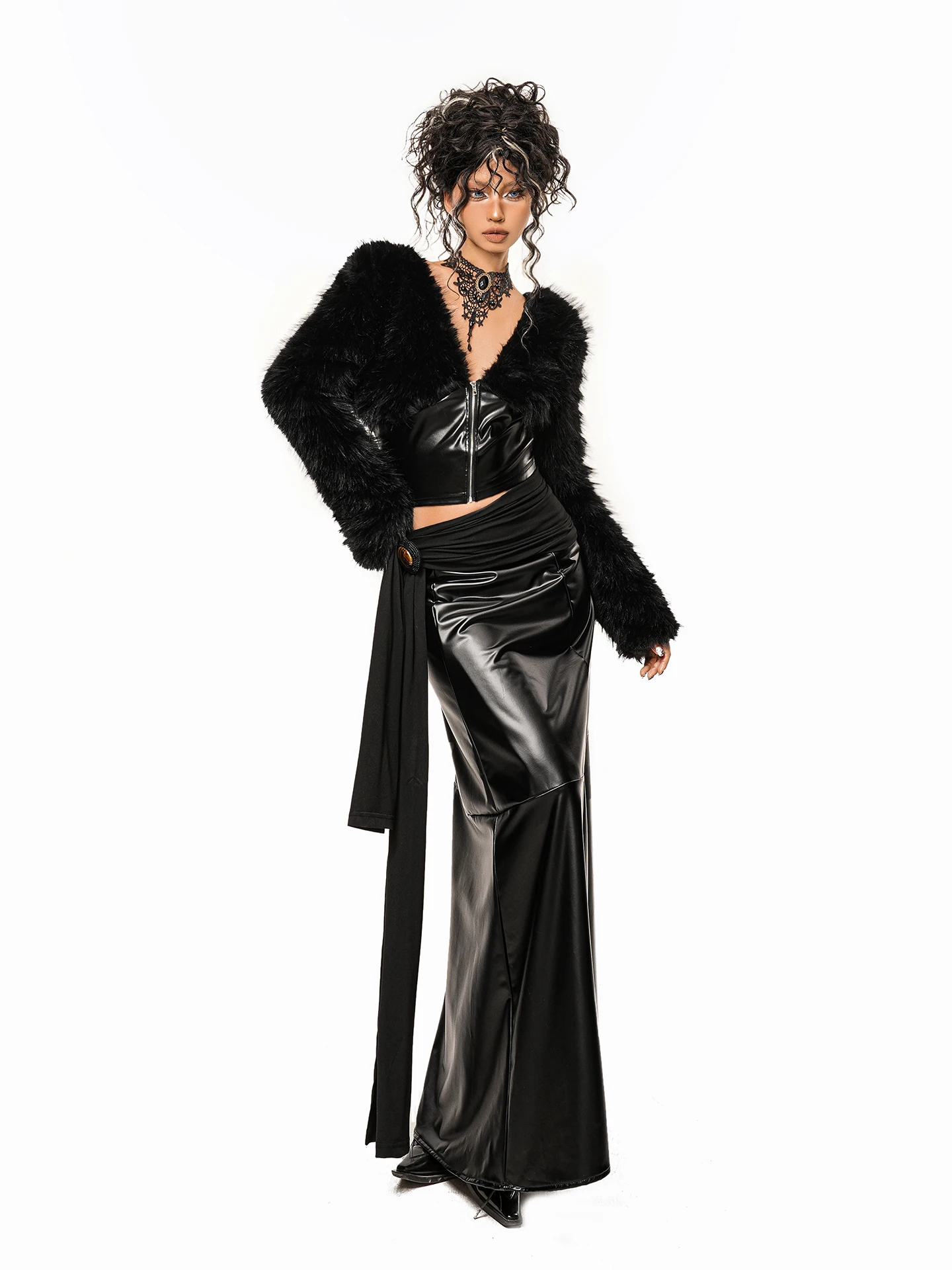 เสื้อแจ็คเก็ตขนสัตว์คอวีเซ็กซี่สำหรับผู้หญิง ฤดูใบไม้ร่วง ฤดูหนาว เสื้อโค้ทสั้น ซิปหนัง ขนสัตว์  รัดเอว แขนยาว หลากสี