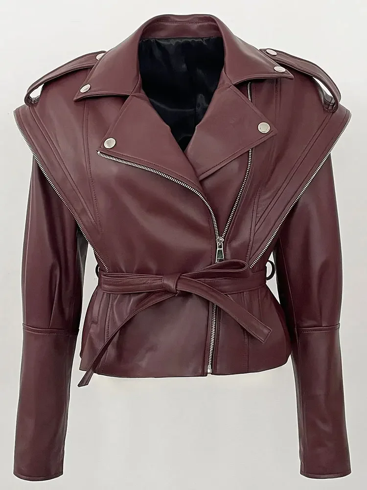 2025 سترة جلد الغنم الحقيقي تصميم السائق سترة جلدية الخريف الكتف سترات من الجلد سيدة سترة جلدية حقيقية النساء #3