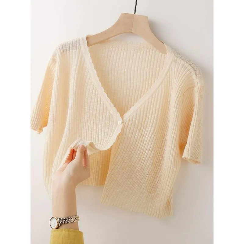 Ice Silk Knitted Cardigan Women\'s Summer Thin Short-sleeved Outer Wear Sun Protection Short Versatile Simple Commuter Top