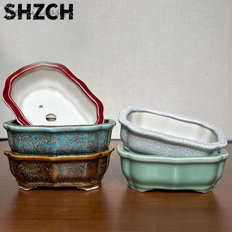 Chinese Yixing Glazed Purple Clay Flower Pot Retro Succulent Ceramic Bonsai Pot Home/Office Desktop Decoration Flower Pot LJ119