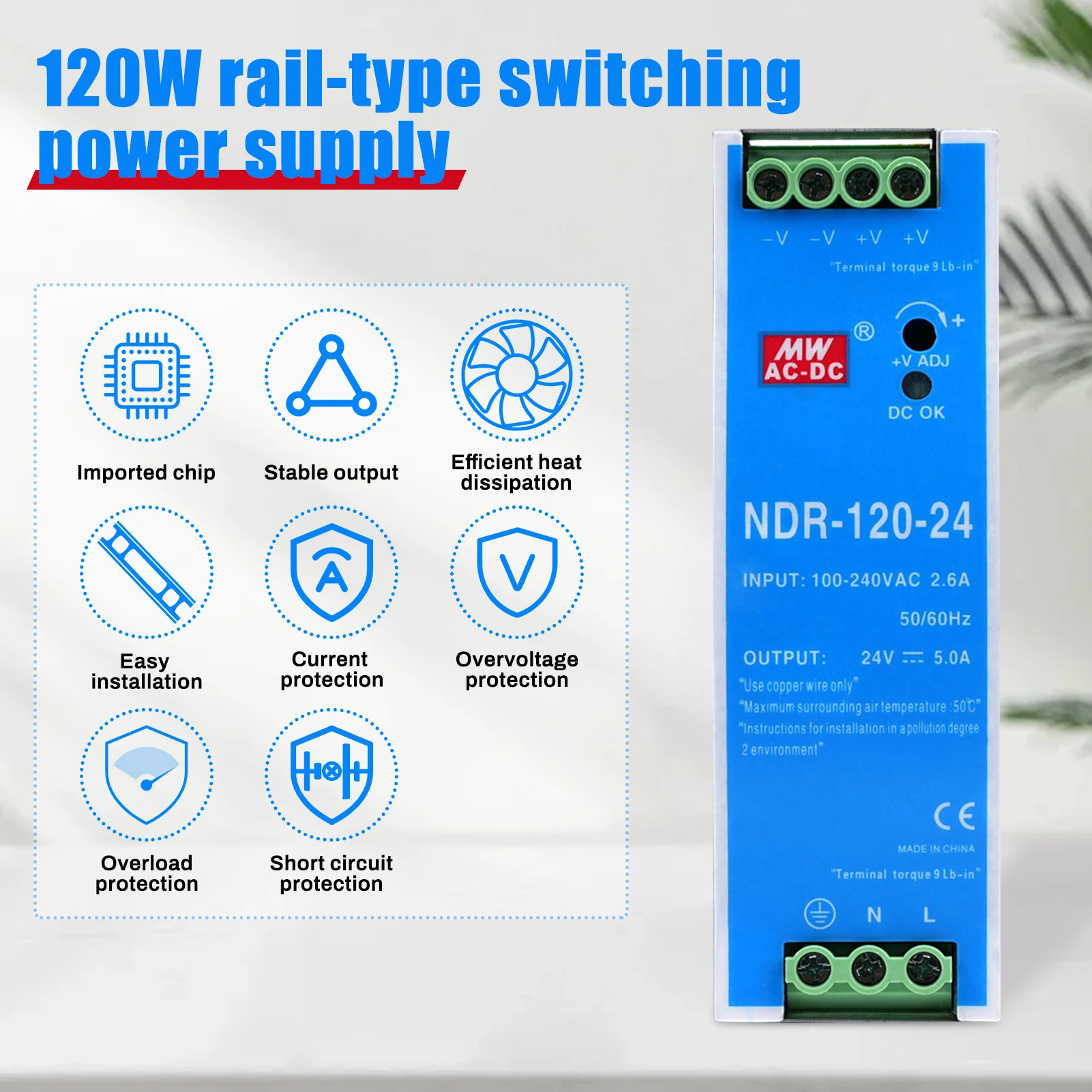 

NDR-120-24 120W 24V 5A Industrial DIN Rail Switching Power Supply Input AC100-220V 2.6A Output Multiple protection functions