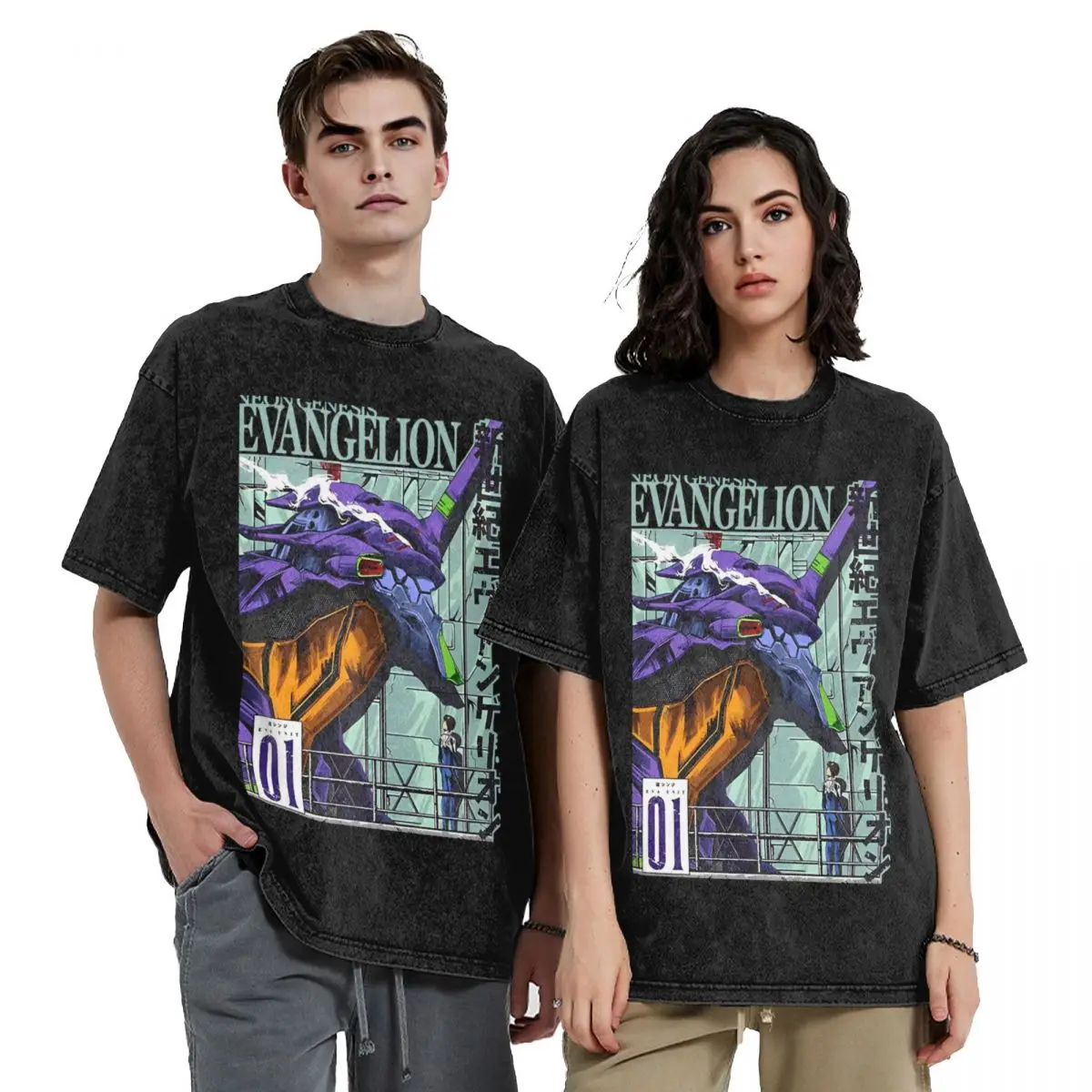 Washed T Shirt Neon Genesis Anime Evangelions Hip Hop T-Shirt Oversize E-EVA Manga Streetwear Short Sleeve Tops Tees Men Women