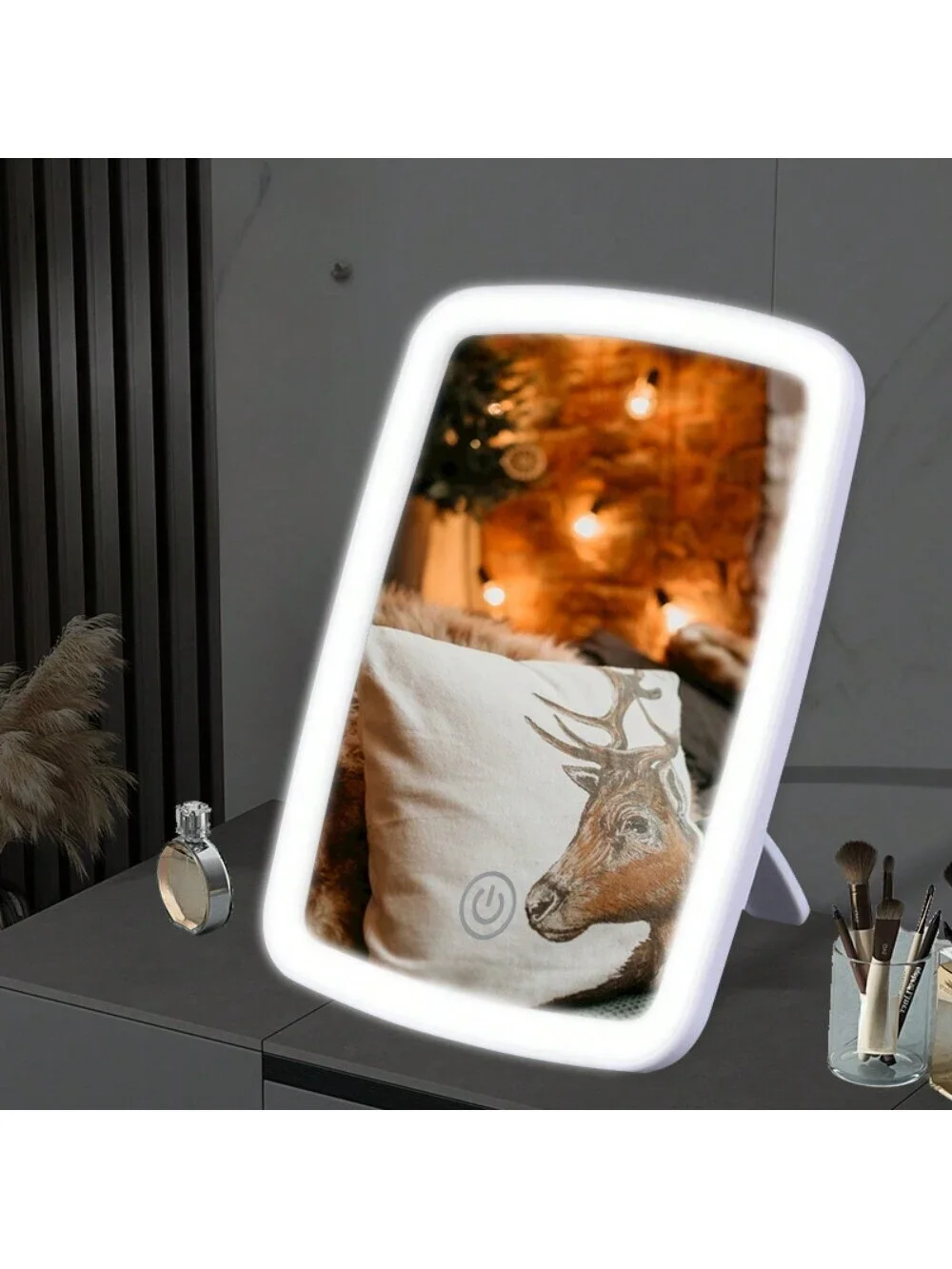 Specchio per trucco a LED con supporto Specchio cosmetico da viaggio quadrato bianco compatto pieghevole da tavolo con luce