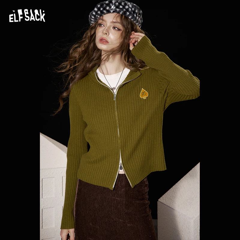 ELFSACK 2025 冬の新作 Y2K ヴィンテージ ダブルジップ ラペル ハートプリント ニットセーター 女性用