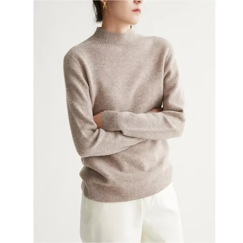 Autumn Winter 100% Pure Wool Seamless Sweater Women Round Neck Loose Soft Basic Knitted Pullovers