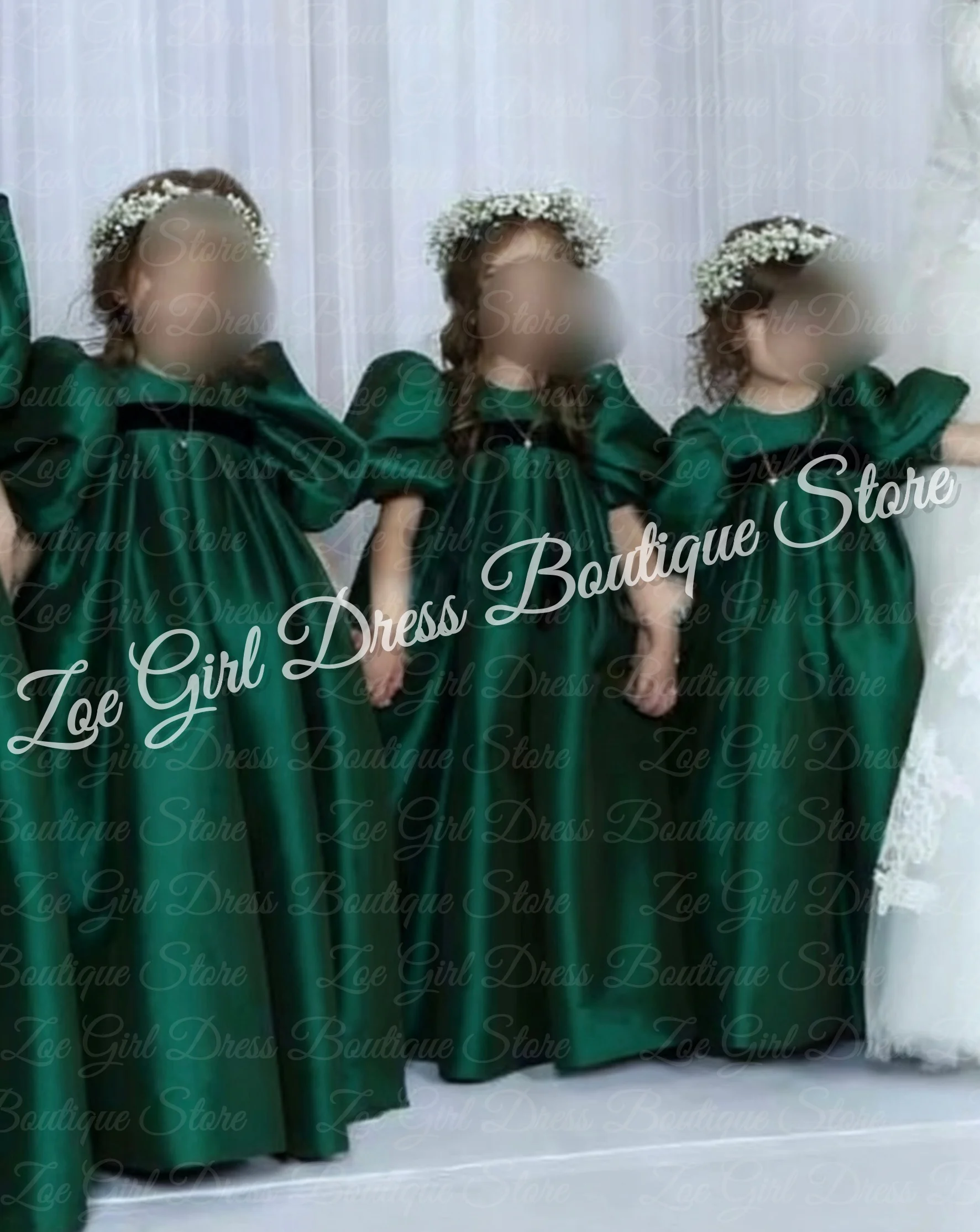 فستان فتاة الزهور البيضاء لحفلات الزفاف برقبة دائرية من الساتان للأطفال بخصر عالٍ وأكمام بالونية فستان عيد الميلاد مخصص للحفلات