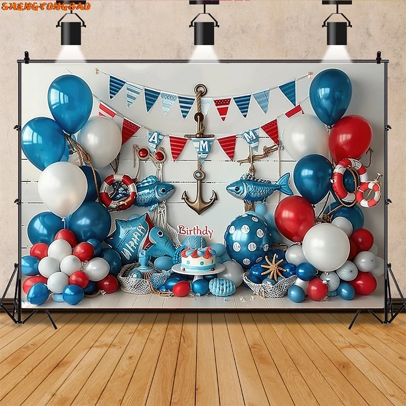 Blue Marine Lighthouse Sailboat Photography Backdrops Fishing Net Balloon Photo Studio Background Birthday Party Decor YW-02