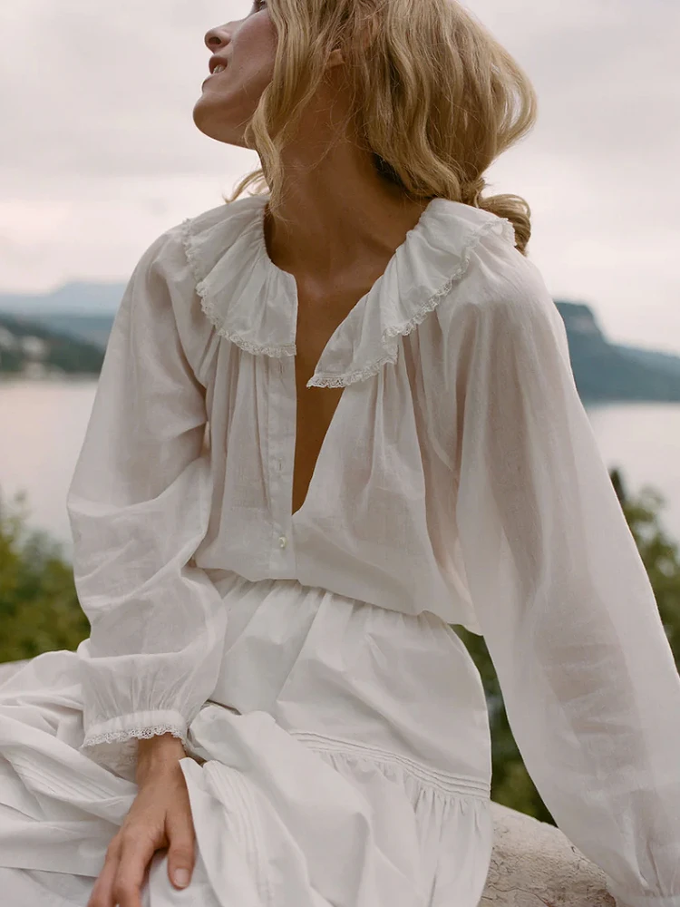 

Женская блузка из органического хлопка для ранней осени, свободного кроя, во французском стиле, с воротником, кружевной отделкой, дышащая, с длинными рукавами