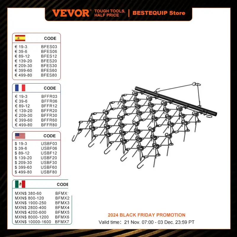 VEVOR Drag Harrow 4ftx5.6ft Heavy-Duty Chain Harrow with 69 Teeth ATV UTV Tractor Attachments Field Drag Mat for Sod Prepping