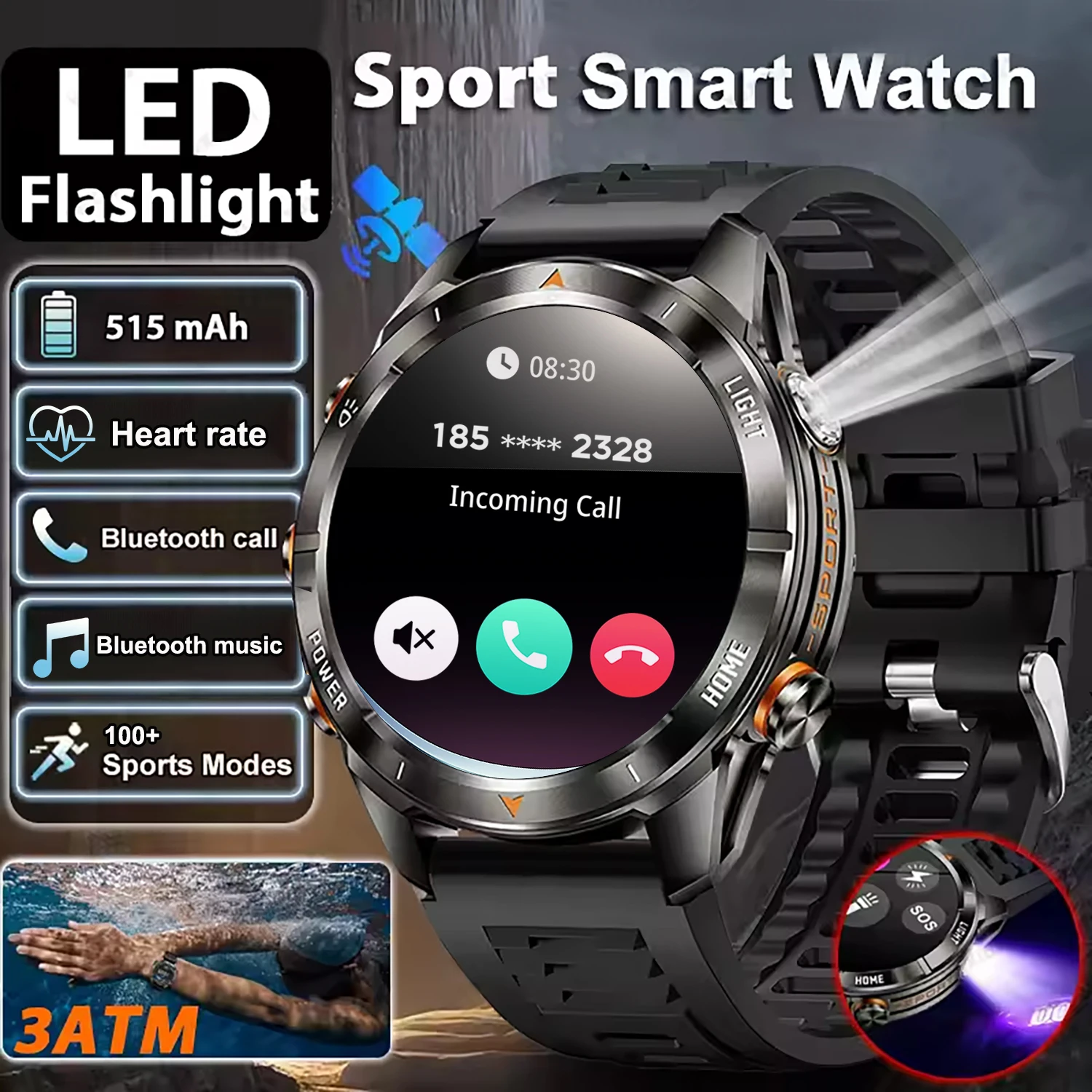 

Outdoor Strong Light Flashlight Men Smart Watch For Huawei 3ATM Waterproof Sports Watch 515 mAh Extra Large Battery Smart Watch