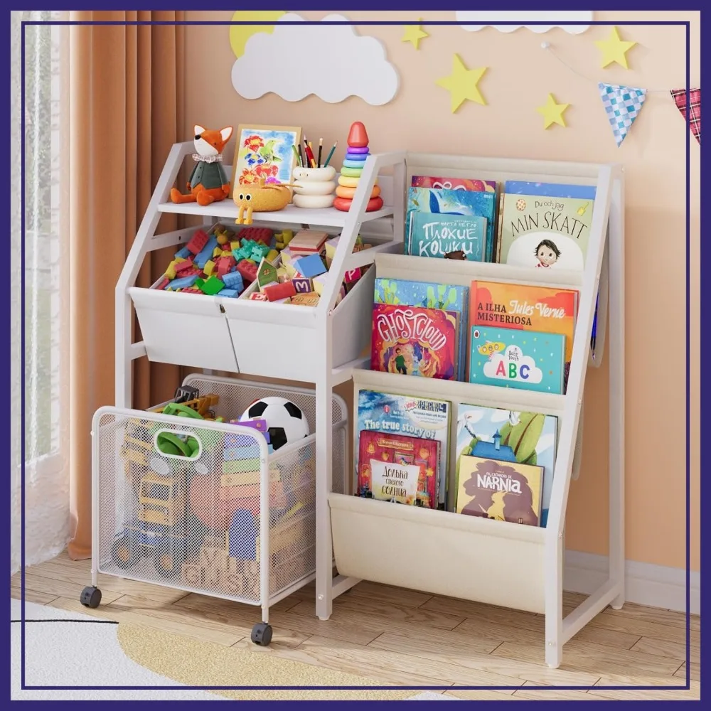 

3-Tier Bookshelf with Toy Storage Bins and Drawer, White