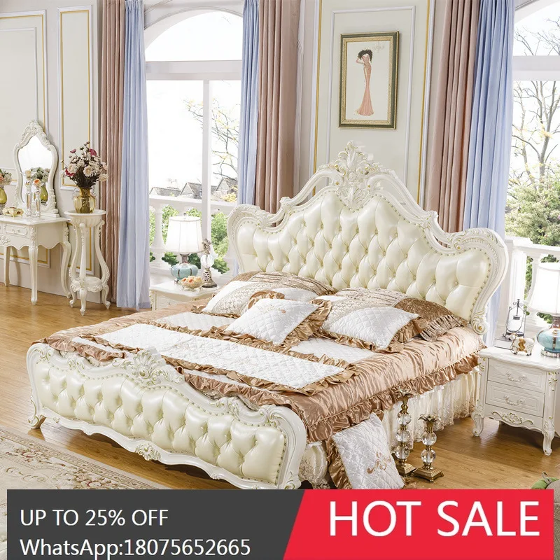 

HLZ Top Layer Cowhide French Style Double Leather Bed Simple Modern Solid Wood Bed
