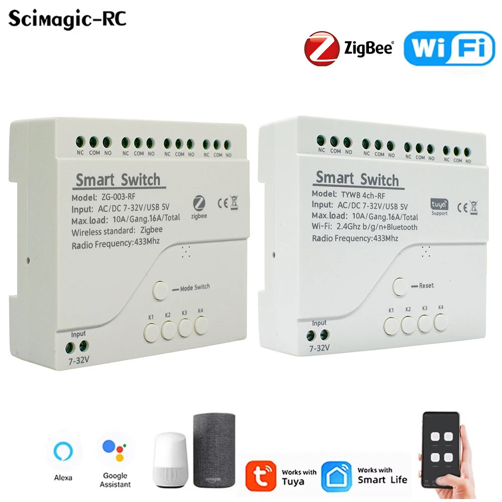 4CH Tuya Zigbee / Wifi Relay Smart Wireless Switch Module 4 Channel 7-32V 85-250V 220V 110V 2200W RF433 10A 4 Way Receiver Alexa