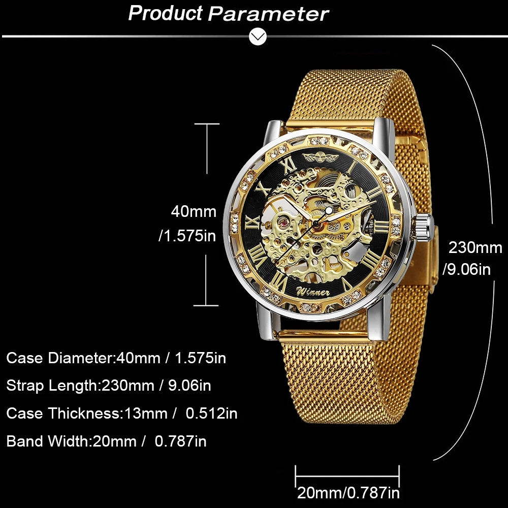 T-WINNER Classic Roman Numerals Mens Watches Engraving Skeleton Mechanical Luminous Pointers Rhinestone Mesh Band Man Wristwatch