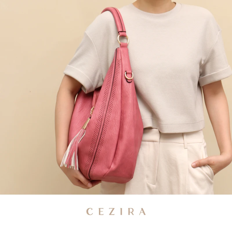 CEZIRA Tassel String Flap Hobo Over Shoulder Tote Bag Ladies Large Casual Fashion Vegan Leather Single Handle Crossbody Handbag