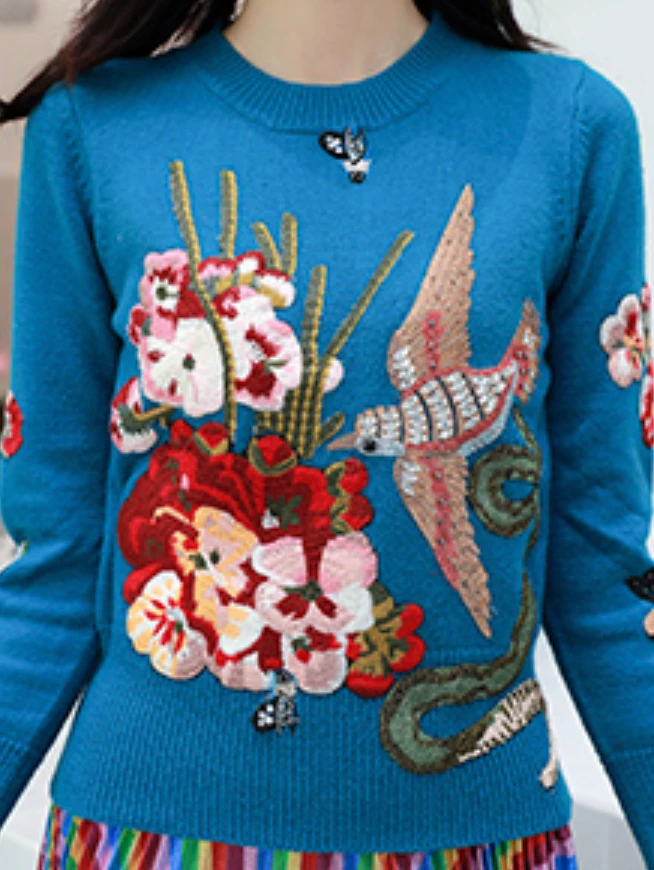 Heavy Industry Diamond Rhinestone Flowers Birds Embroidered Knitwear Female 2023 Spring Round Neck Pullover Long Sleeve Sweater