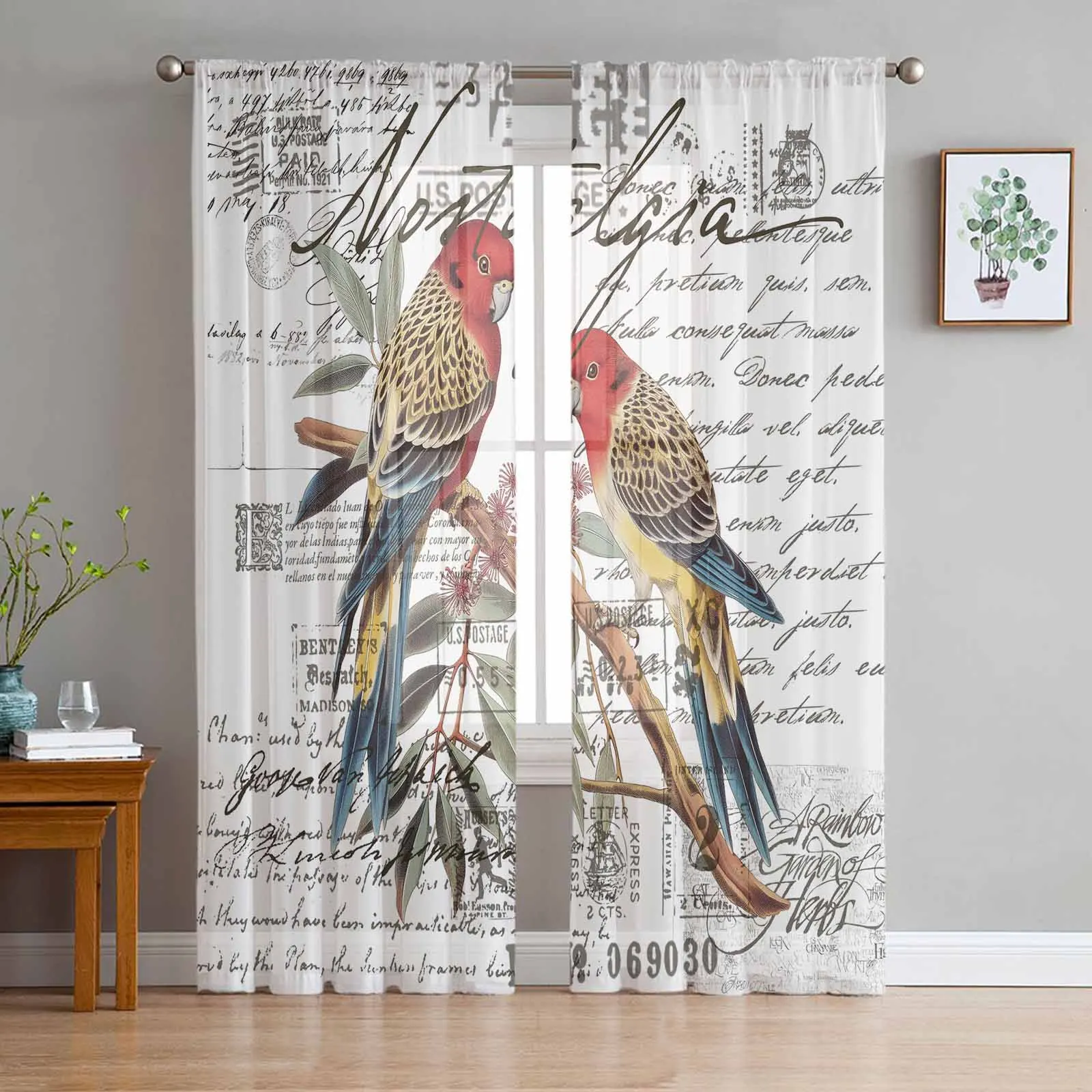 Vintage Envelope Postmark Bird Parrot Tulle Curtains for Living Room Bedroom Sheer Voile Curtain Home Decor Kitchen Curtain