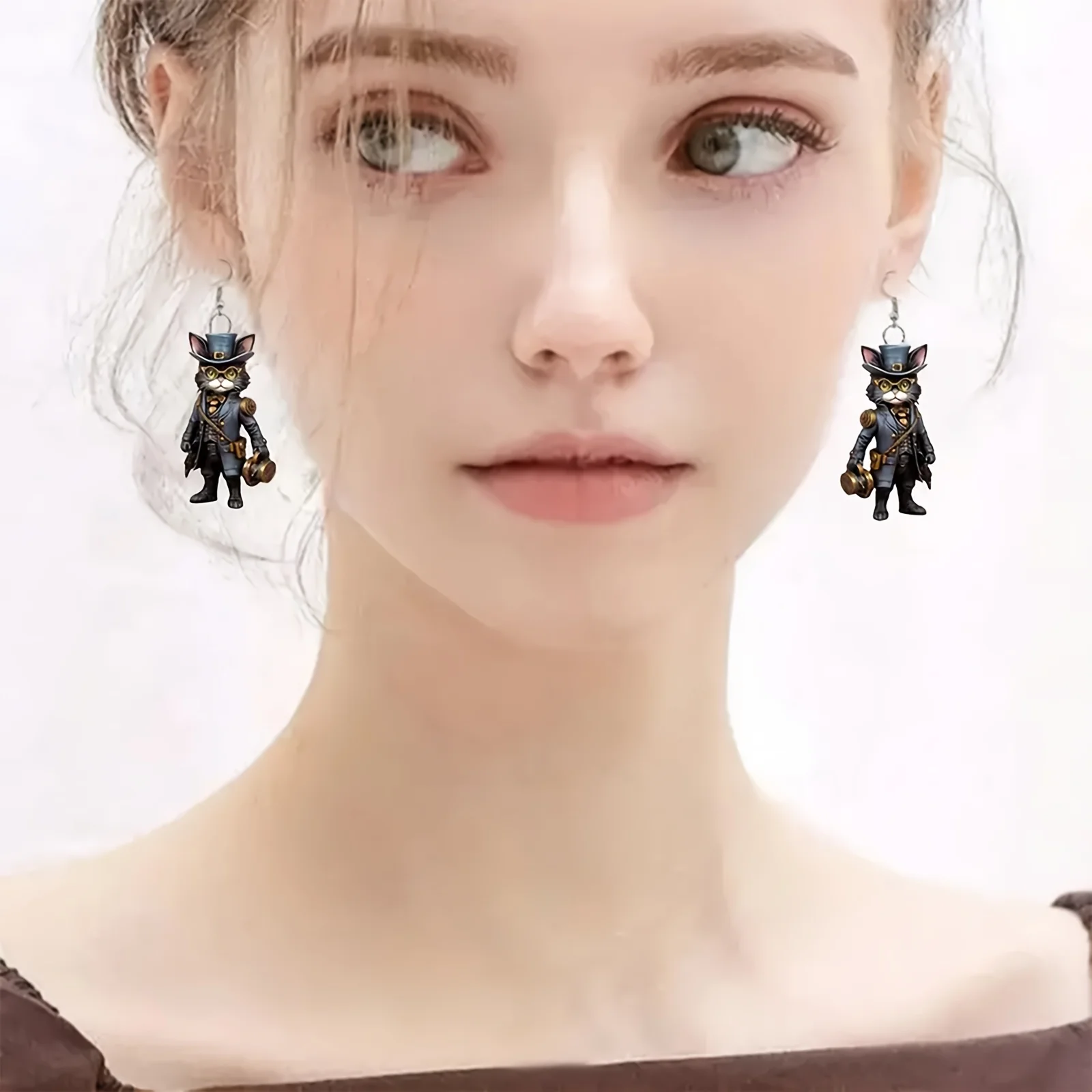 الميكانيكية الشرير نمط 2D القط الأقراط زوج الأراضي القاحلة موضوع أنماط مختلفة مثالية للحفلات اليومية هدايا مجوهرات الهالوين