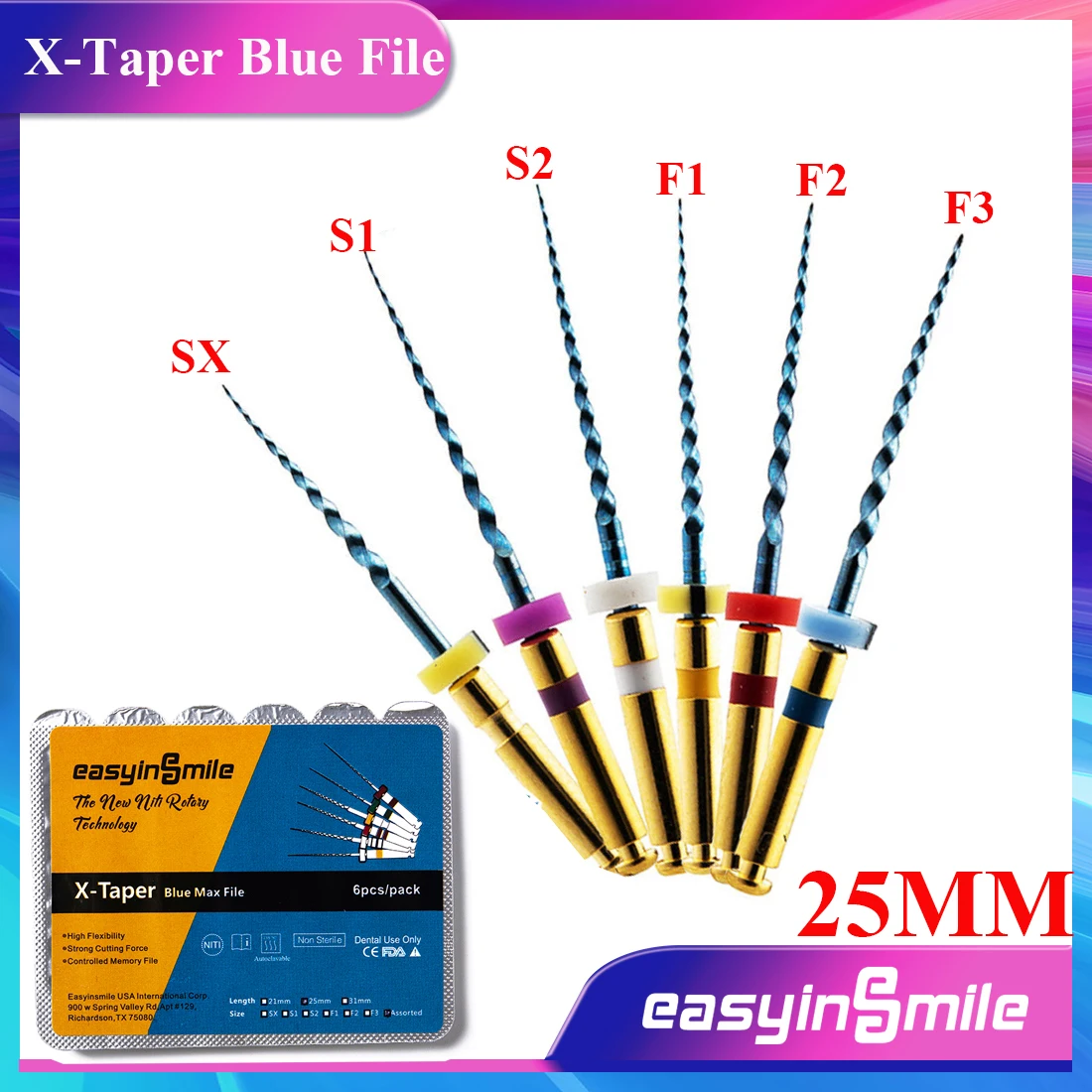 EASYINSMILE 6Pcs Dental Endo X-Pro Blue Taper Files Niti SX-F3 Rotary Endodontic Universal Tips 25MM For Root Canal Treatment