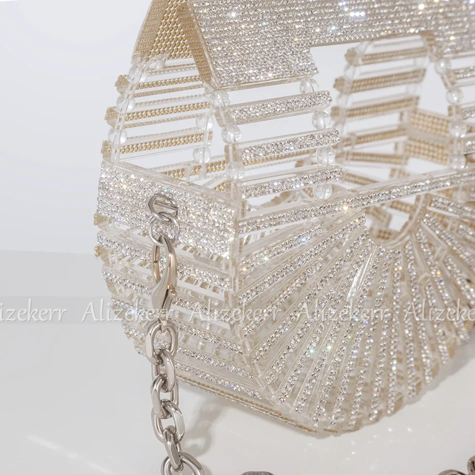 Mini Clear Acrylic Evening Clutch Purses Women Designer Chain Transparent Hollow Out Half Round Crossbody Bags Wedding Party