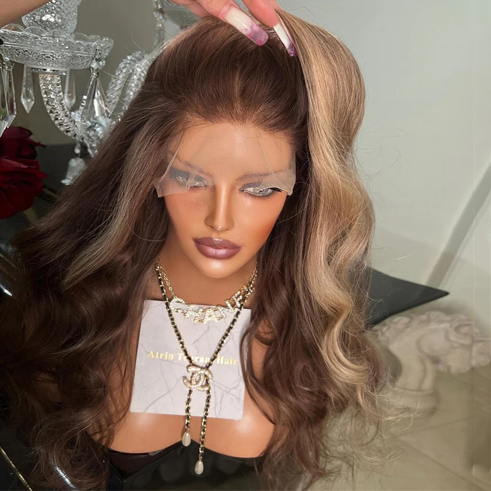 

Body Wave Reddish Brown Highlights Synthetic Hair Lace Front Wig 26 Inch Long Fiber Wavy Frontal Wigs For Fashion Women Glueless