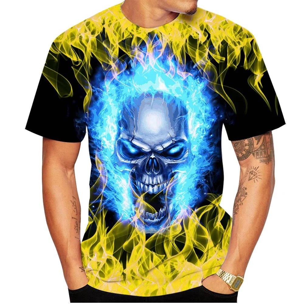 تي شيرت للرجال والنساء على شكل جمجمة نارية ، ملابس شارع مطبوعة ثلاثية الأبعاد مضحكة ، تيشيرتات بأكمام قصيرة خارجية ، ملابس شارع غير رسمية ، طراز شارع هيب هوب ، تخفيضات كبيرة #3